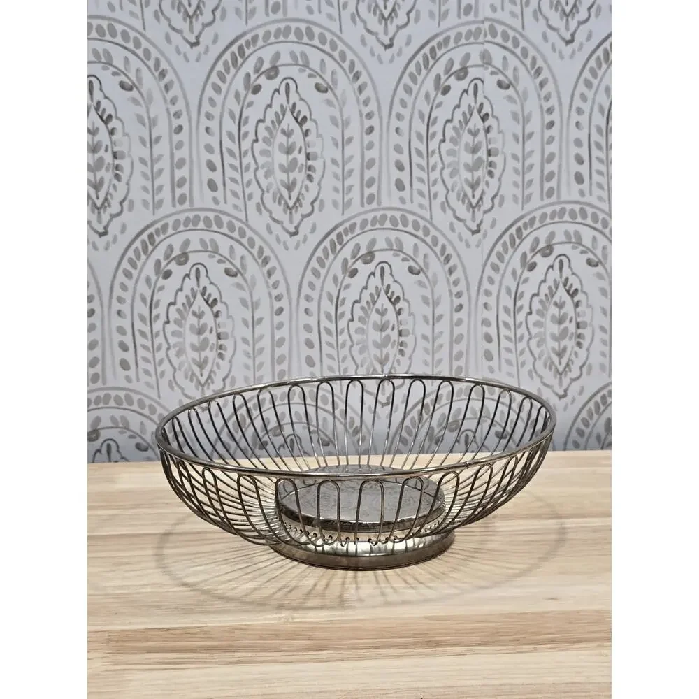 Mid-Century Modern Style Oval Silver Open Loop Wire Fruit Bread Basket Retro MCM